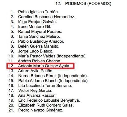 Antonia Quispe ocupó el puesto número 12 en la candidatura al Congreso por Madrid de Podemos.