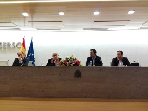 A la izquierda Santiago Moreno de la Fundación VODAFONE, Acisclo Redondo Vicepresidente de ASISPA, Javier Luengo Gerente de PLENA INCLUSIÓN Madrid y José Pablo Molina de Fundación MAPFRE.